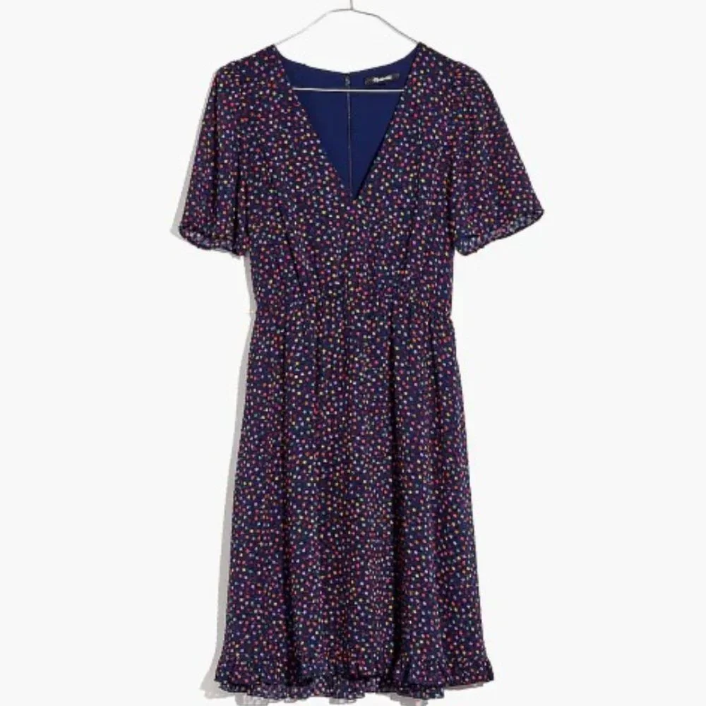 MADEWELL SUGAR DOT BLUE RED YELLOW V-NECK FLUTTER SLEEVE MINI DRESS 0 NWT